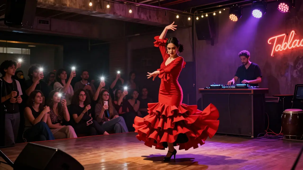 Tablao venue transitioning from flamenco dancer to techno party, with vibrant lights and diverse crowd in a gritty urban setting.