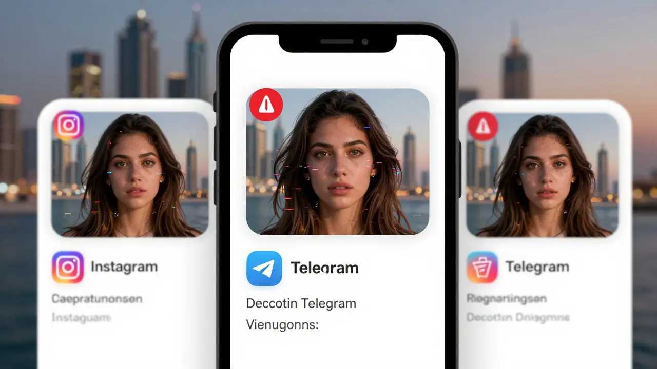 Three fake escort profiles on different apps showing the same woman with different names.