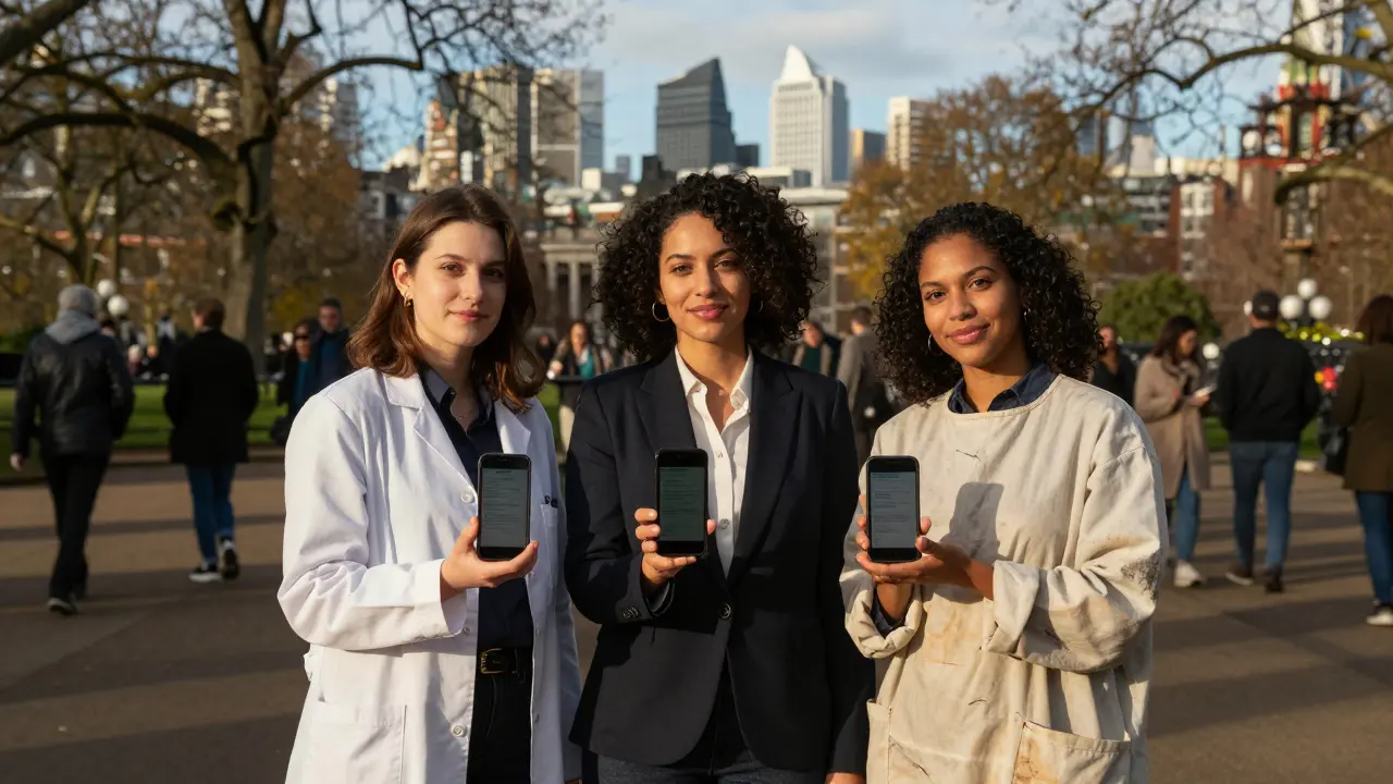 Three professional women in a London park, smiling as they check encrypted client apps on their phones.