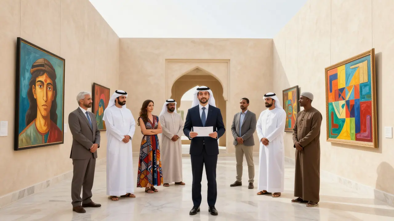 Tour guide leading group at Manarat al Saadiyat cultural center with art exhibits