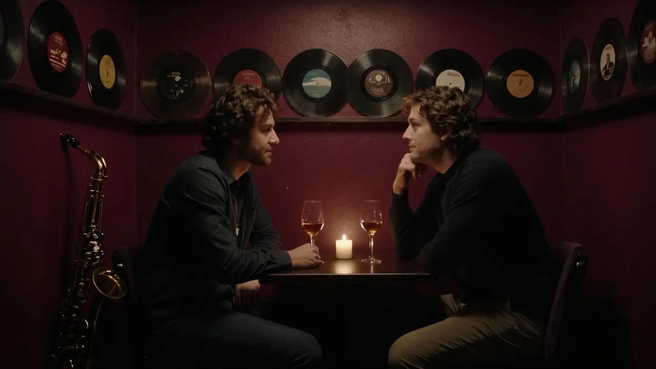 Two people enjoying natural wine in a dimly lit jazz cellar bar in Paris.