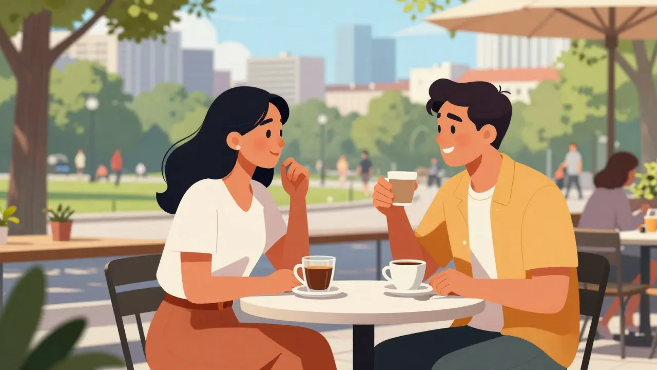 Two people meeting in a Berlin park café for a safe first encounter.