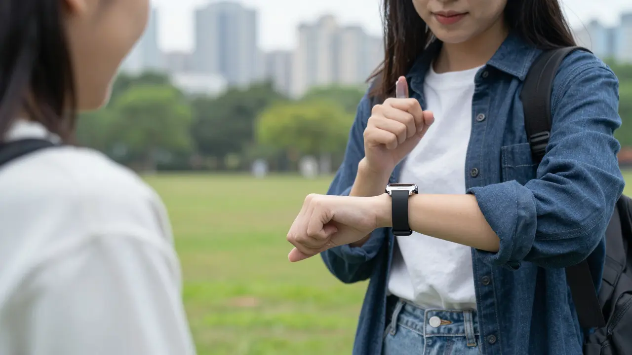 Woman signaling safe word by touching wristwatch in a park.