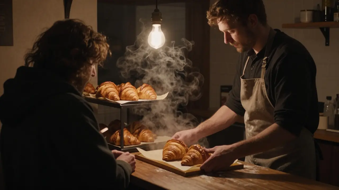 A baker handing warm croissants to a traveler in a dimly lit midnight bakery.