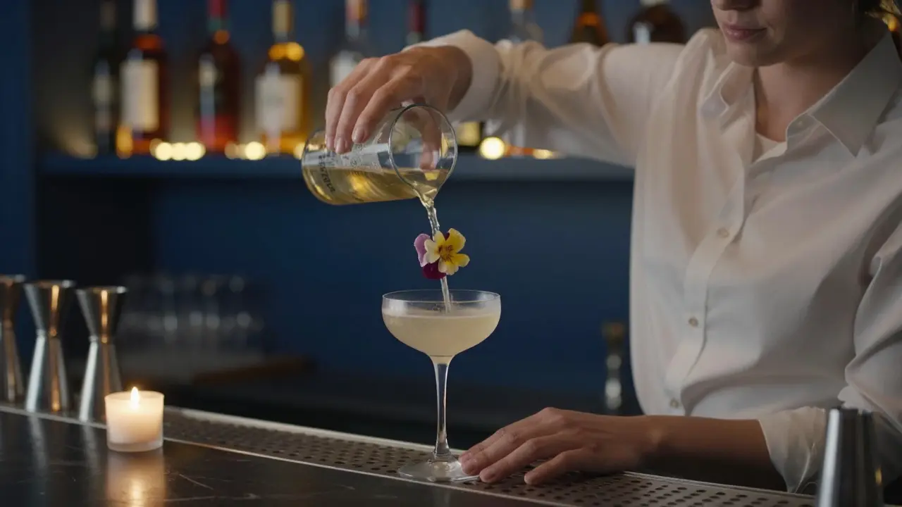 A bartender pours a Champagne Spritz with an edible flower in a frosted coupe glass at a refined cocktail den.