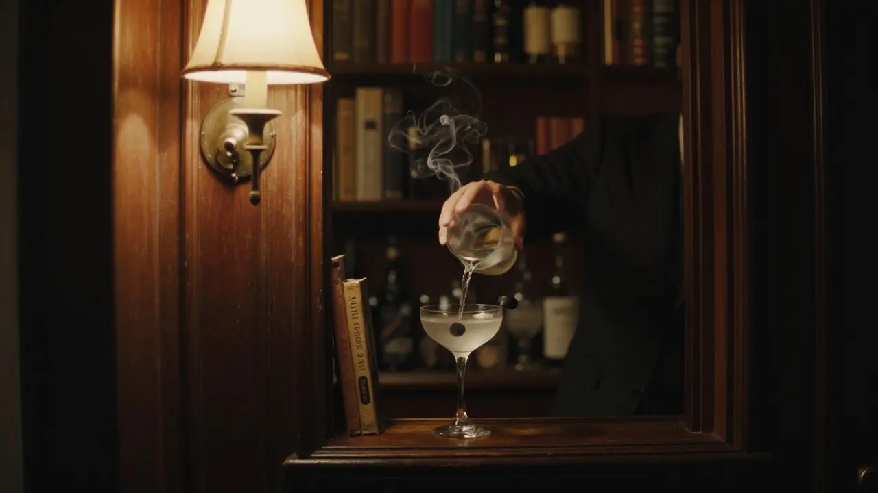 A bartender serving a gin martini in a hidden speakeasy behind a bookshelf, soft light highlighting the drink and smoke.