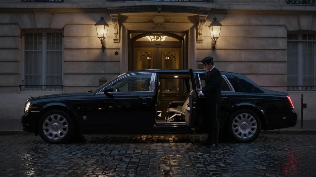 A black limousine waits silently at Le Meurice's private entrance at 3 a.m., doorman holding the door open, no crowds or signs, soft streetlamp glow.
