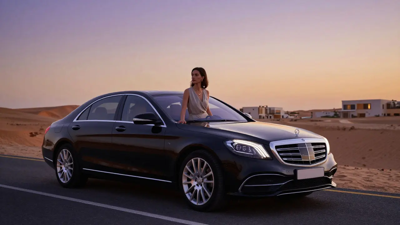 A black luxury car travels through the desert at sunset, conveying a discreet companion and client to a secluded destination.