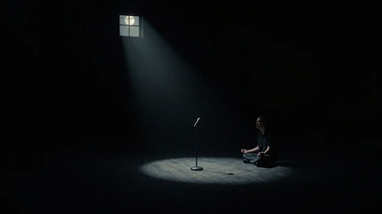 A completely dark comedy room with only a glowing microphone, evoking a sound-only performance.