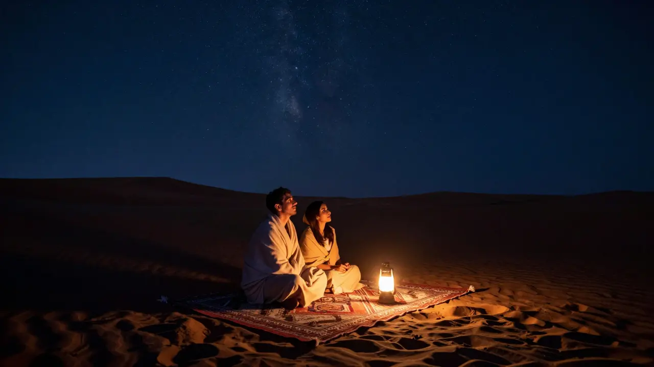 A couple sitting in silent companionship under a starry desert sky beside a small campfire.