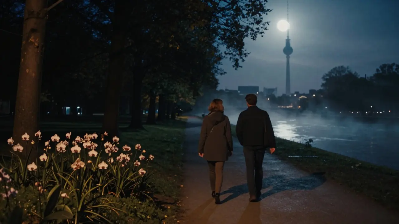 A couple walking through Tiergarten at night, one pointing out wild orchids under moonlight.