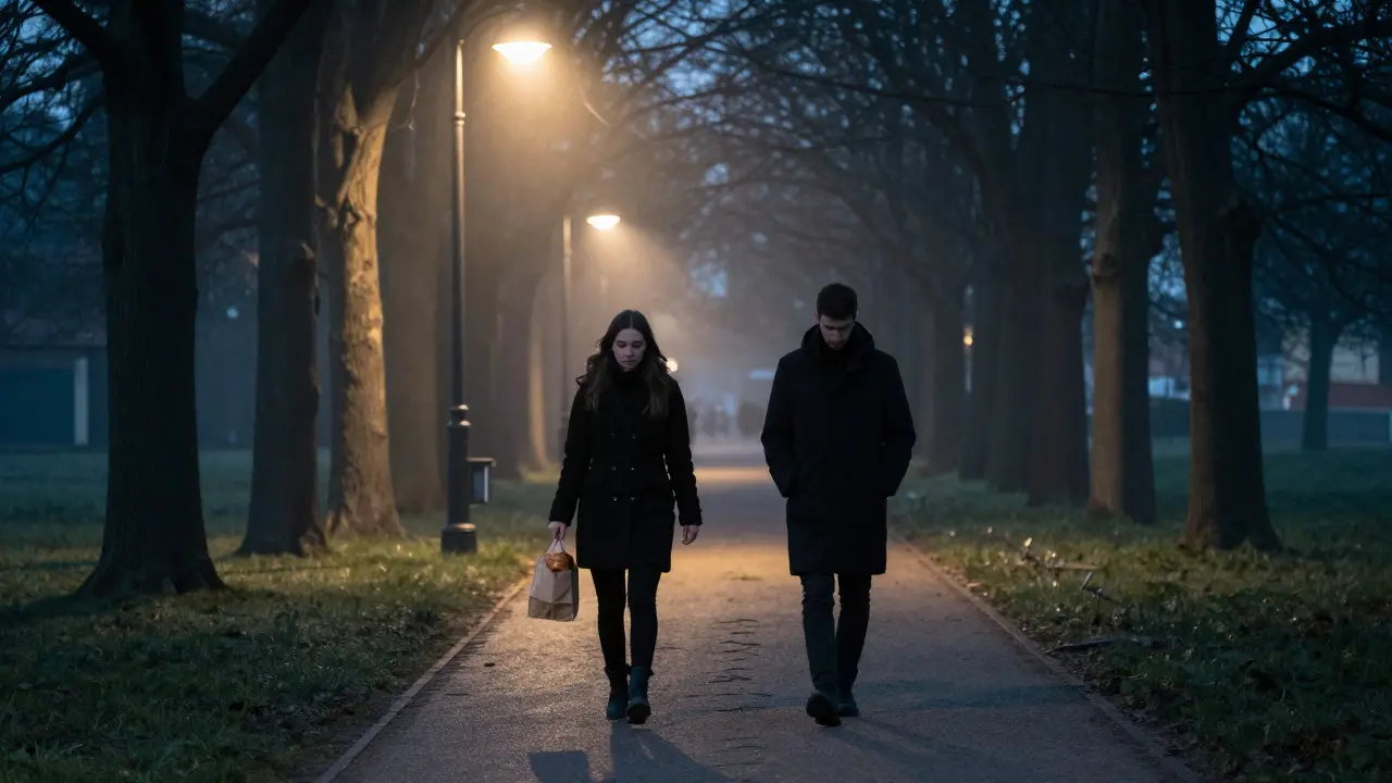 A couple walks silently through Tiergarten at 3 a.m., mist rising, one holding a croissant in a paper bag.