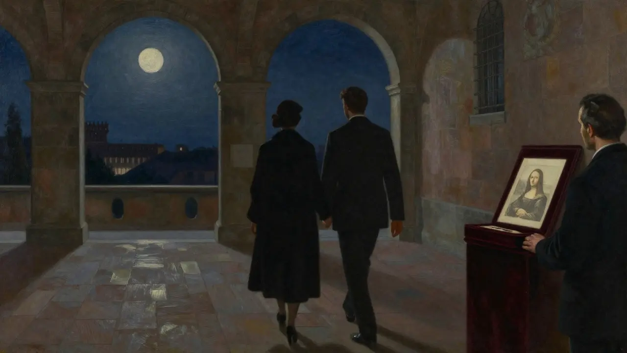 A discreet couple walks through Sforza Castle at night, passing a private art viewing, under the moonlight, emphasizing silence and privacy.