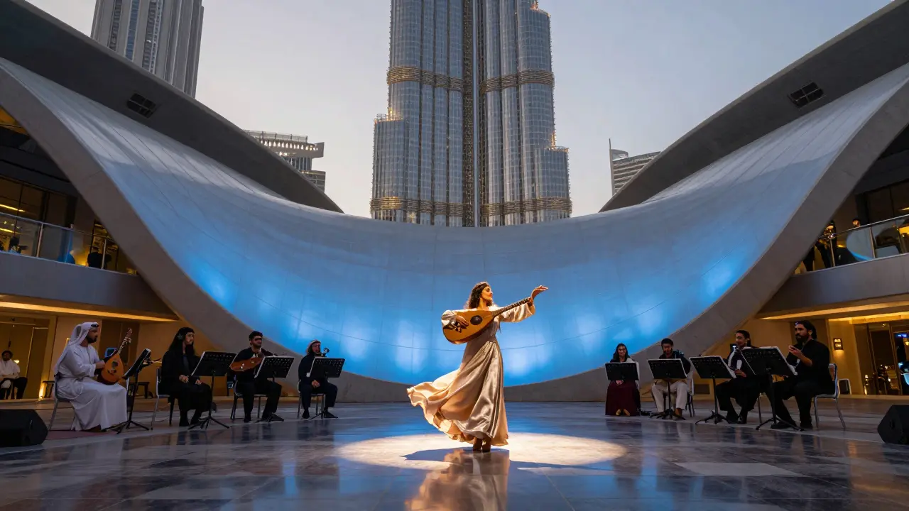 A Emirati dancer performs at Dubai Opera, with the Burj Khalifa visible through the glass ceiling during an evening show.