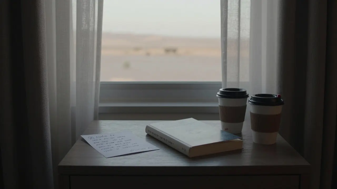 A handwritten note and signed novel rest on a bedside table in a quiet hotel suite, dawn light filtering through curtains, evoking quiet intimacy.