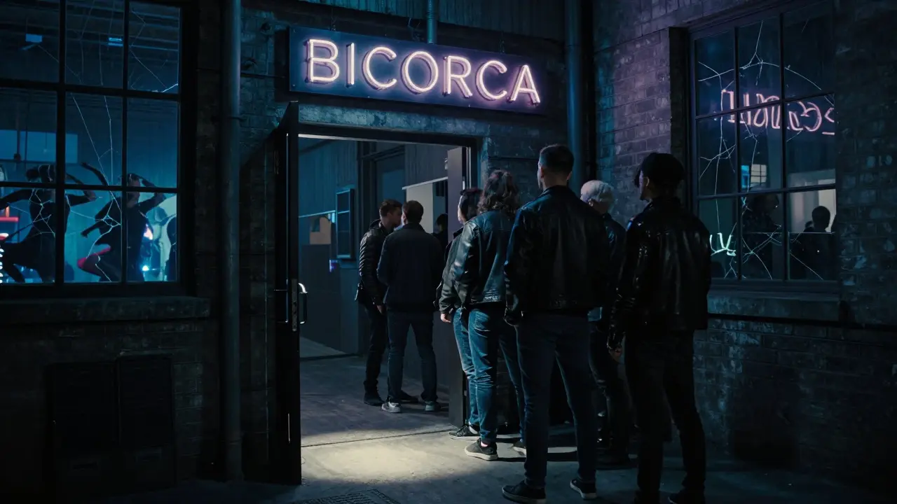 A line of stylish locals waiting to enter the underground club Bicocca in a dimly lit alley.