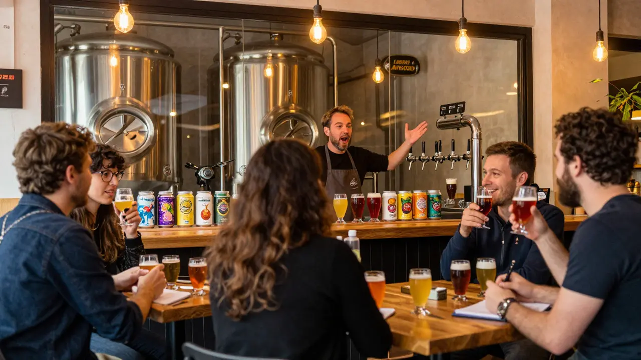 A lively taproom where a brewer pours tasting flights for international guests beside visible brewing tanks.