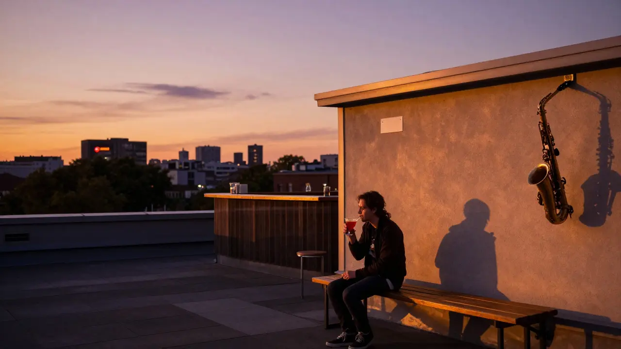 A lone person enjoys a sunset cocktail on a hidden rooftop in Prenzlauer Berg, the Berlin skyline glowing behind them under a shadowed saxophone.