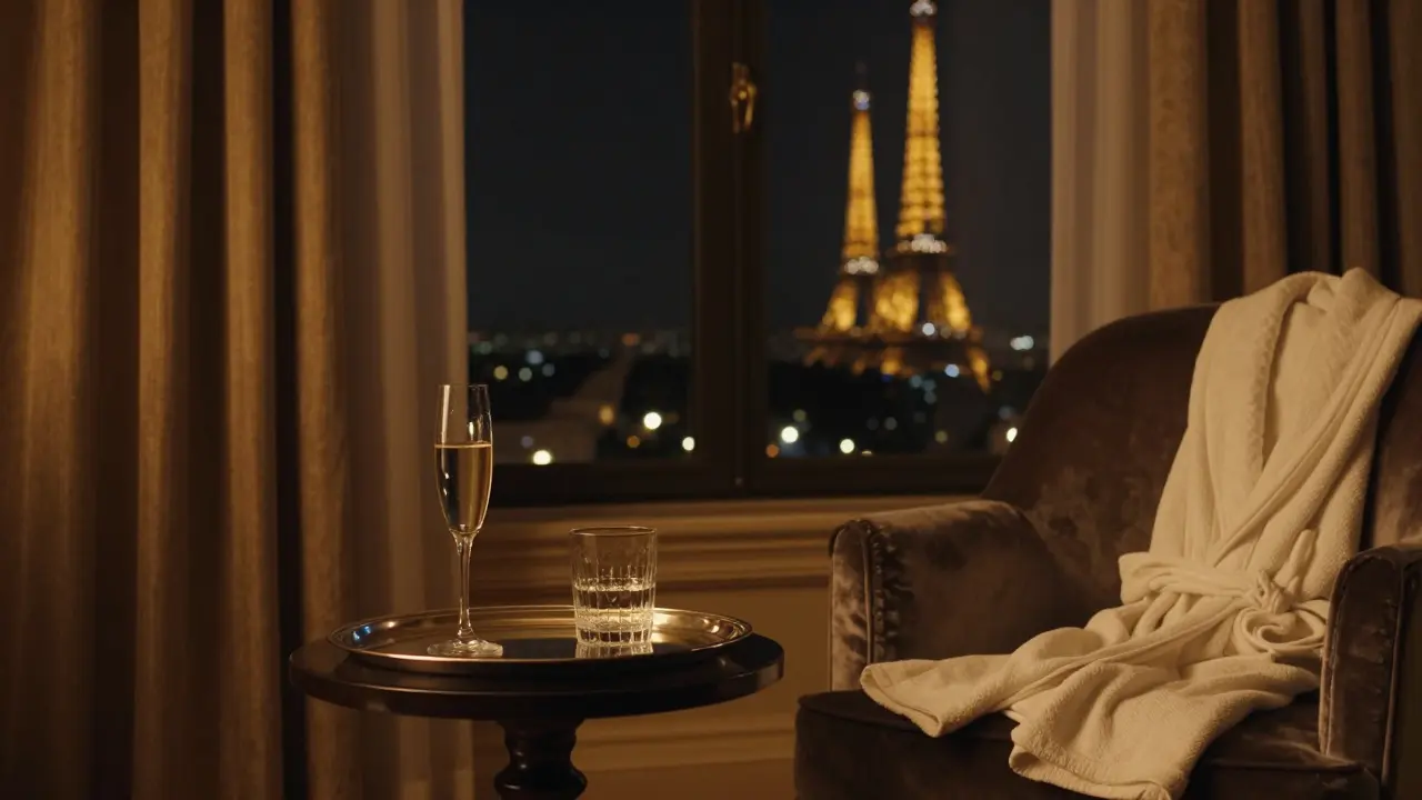 A luxurious suite at Hôtel Plaza Athénée at night, champagne flute and robe on a tray, Eiffel Tower visible through drawn curtains, warm ambient light.