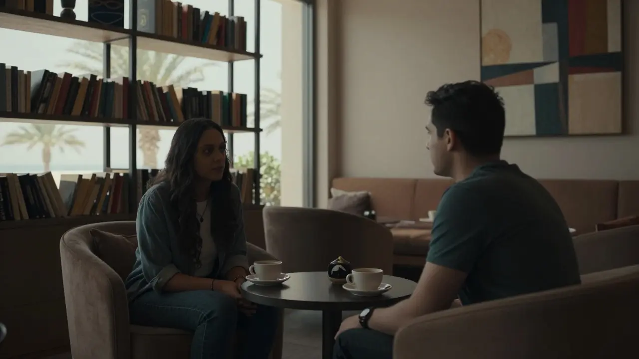 A man and woman engaged in thoughtful conversation in a softly lit private lounge, no phones or distractions visible.