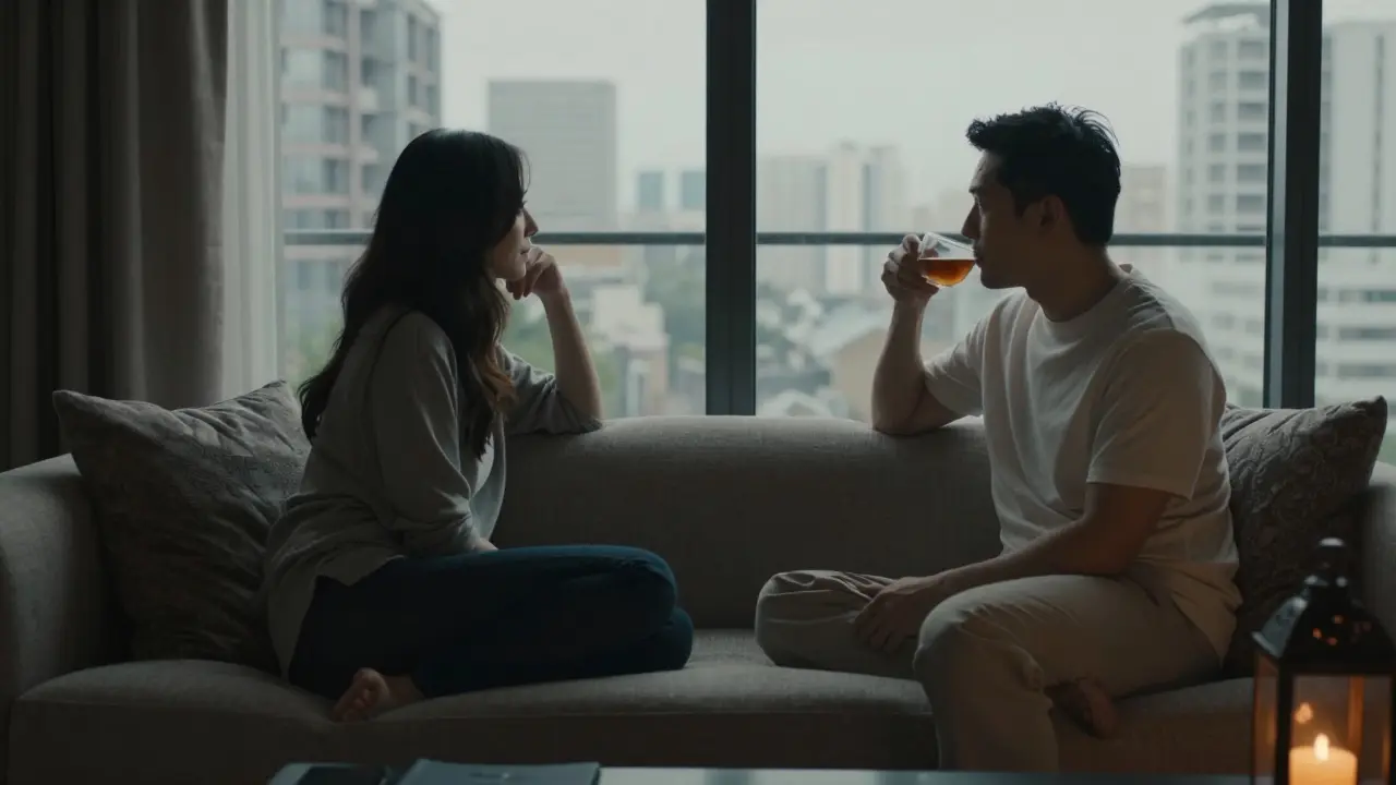 A man and woman sitting silently in a villa, gazing at the city skyline, dressed in minimalist elegance.