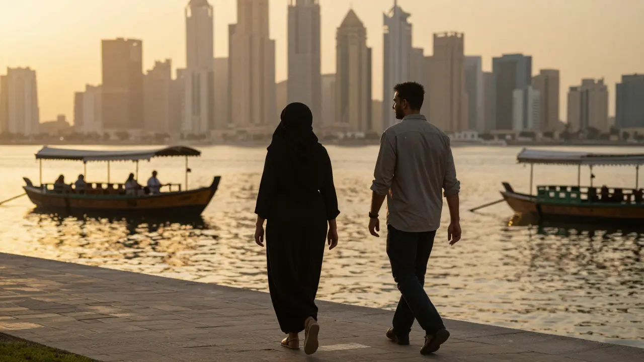 A man and woman walking side by side along Dubai Creek at golden hour, silhouetted against the reflective water and distant skyline.
