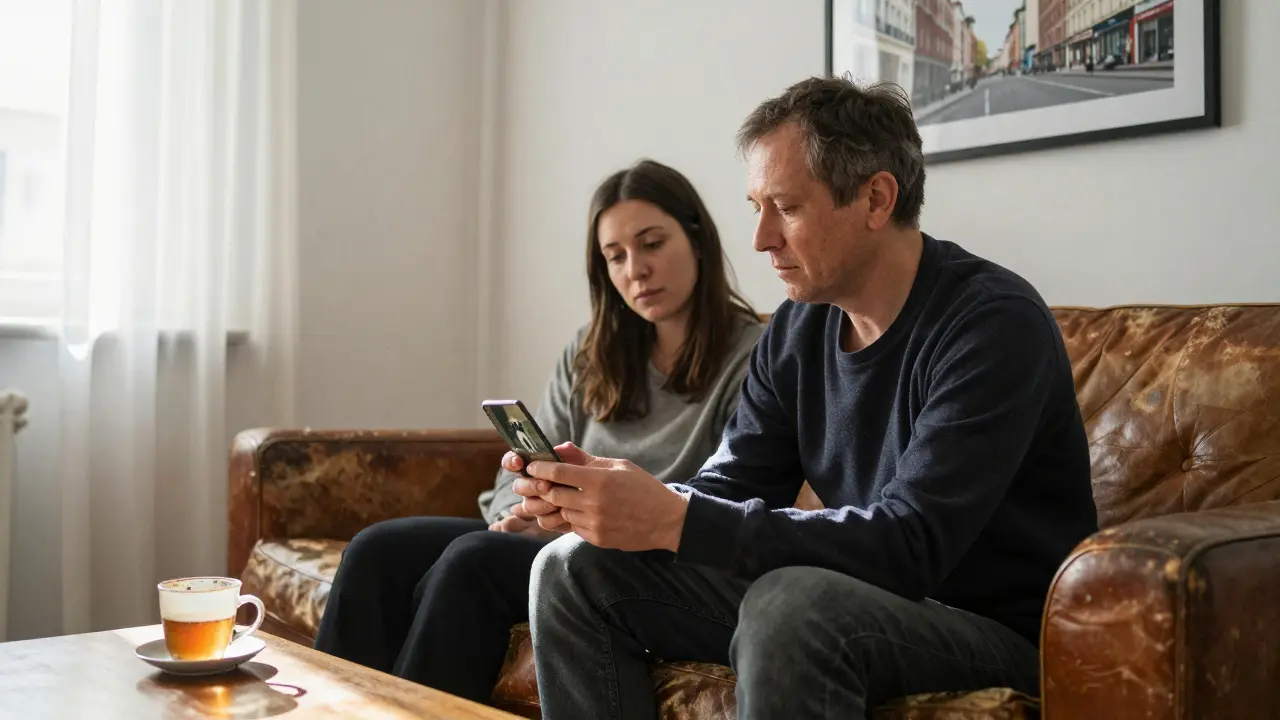 A man looking at a dog photo on a woman's phone in a quiet apartment, sunlight streaming through curtains, emotional moment.