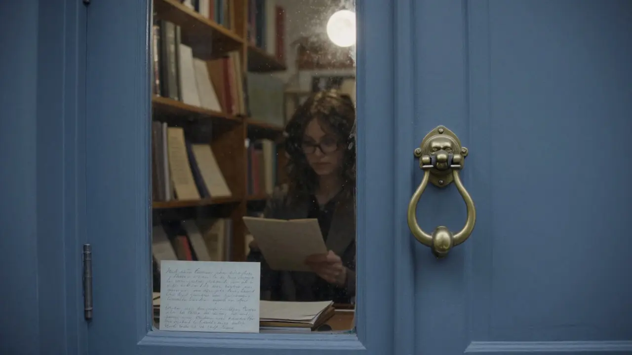 A mysterious door with a quill knocker glowing faintly from inside a hidden library.