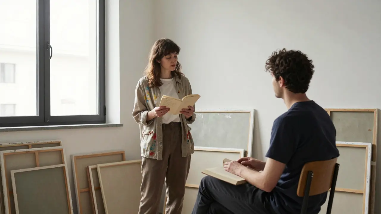 A painter reads poetry to a listener in a sunlit studio filled with art and books, serene and thoughtful.
