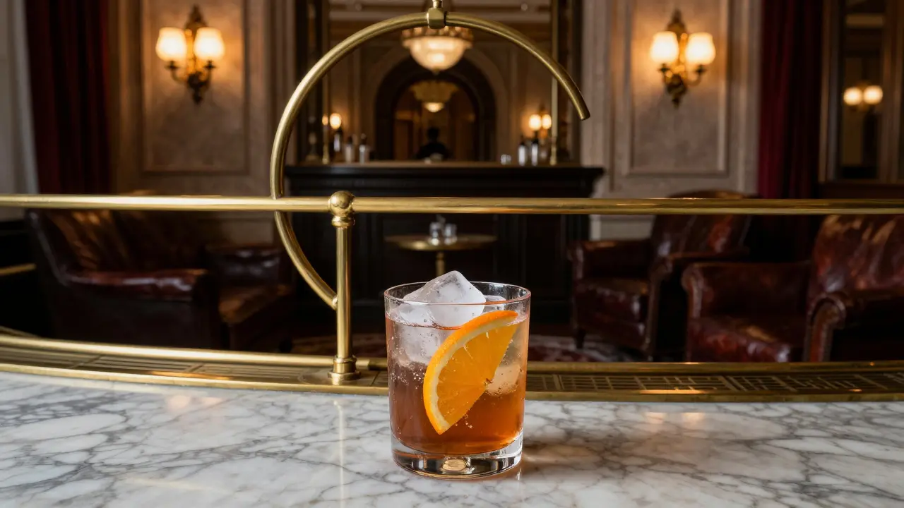 A Parisian Old Fashioned with glacier ice and candied orange rests on a brass bar beneath a grand hotel.