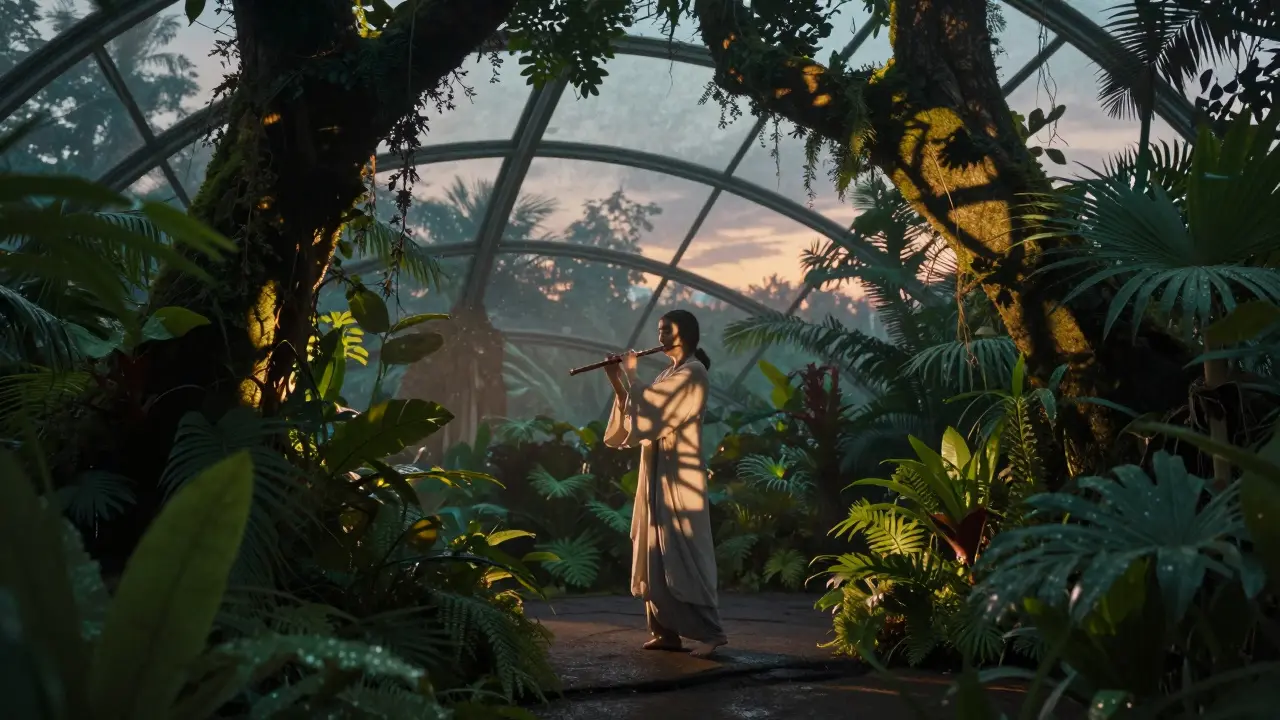 A performer moves silently through a rainforest bio-dome, casting shadow puppets under twilight light.