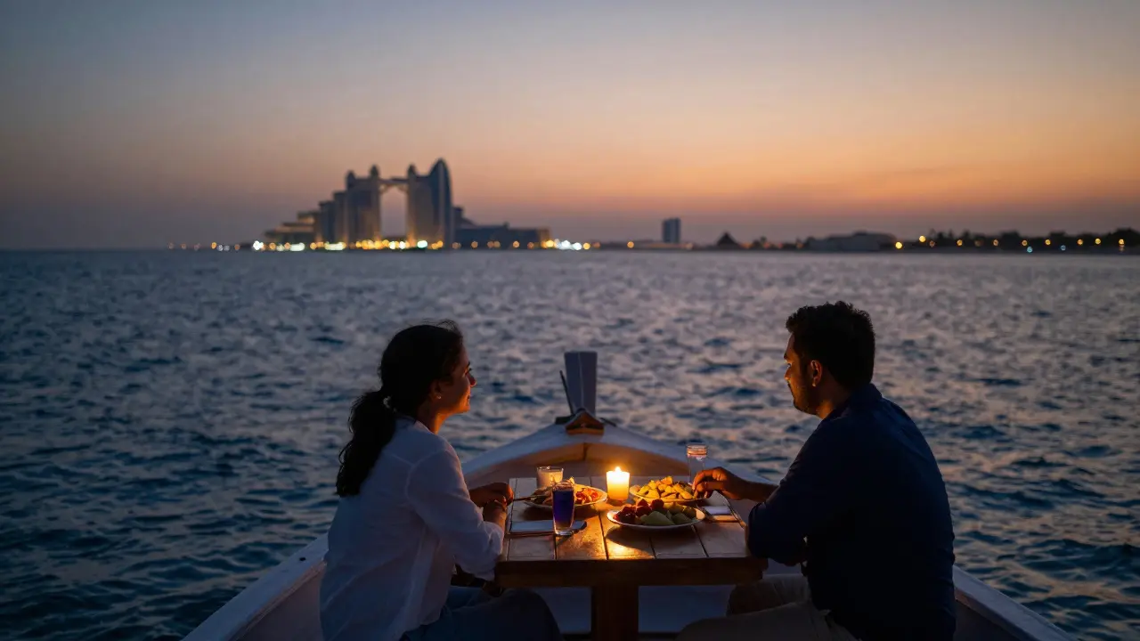 A private dhow cruise at sunset with two people sharing a meal as city lights twinkle on the horizon.