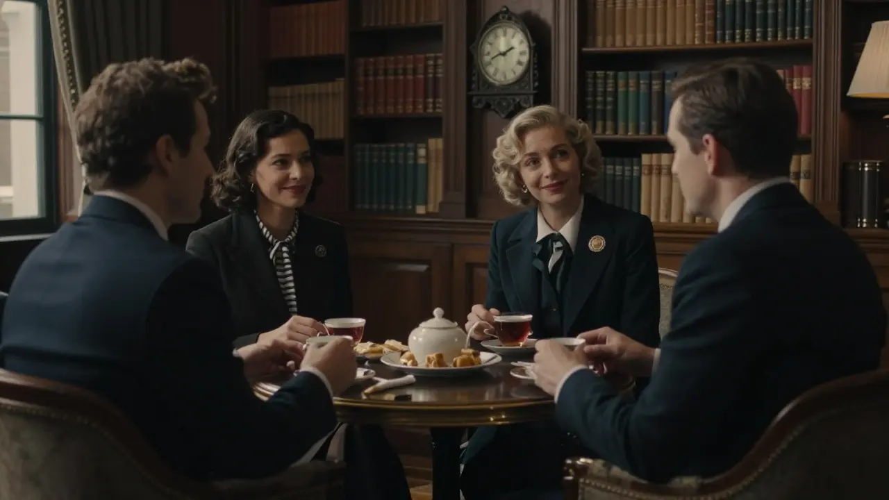 A private gathering in an elegant London townhouse lounge, where four individuals engage in thoughtful conversation without technology.