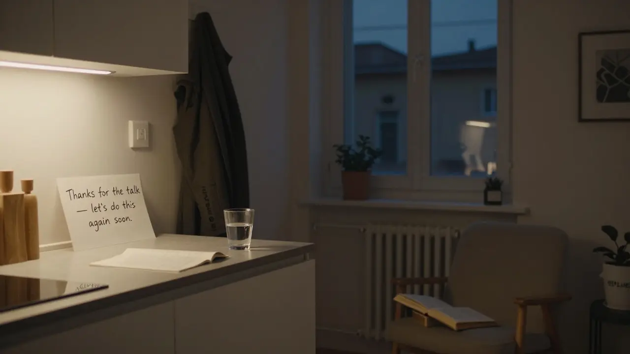 A quiet apartment in Porta Venezia with a handwritten note left on the counter, suggesting a meaningful connection.