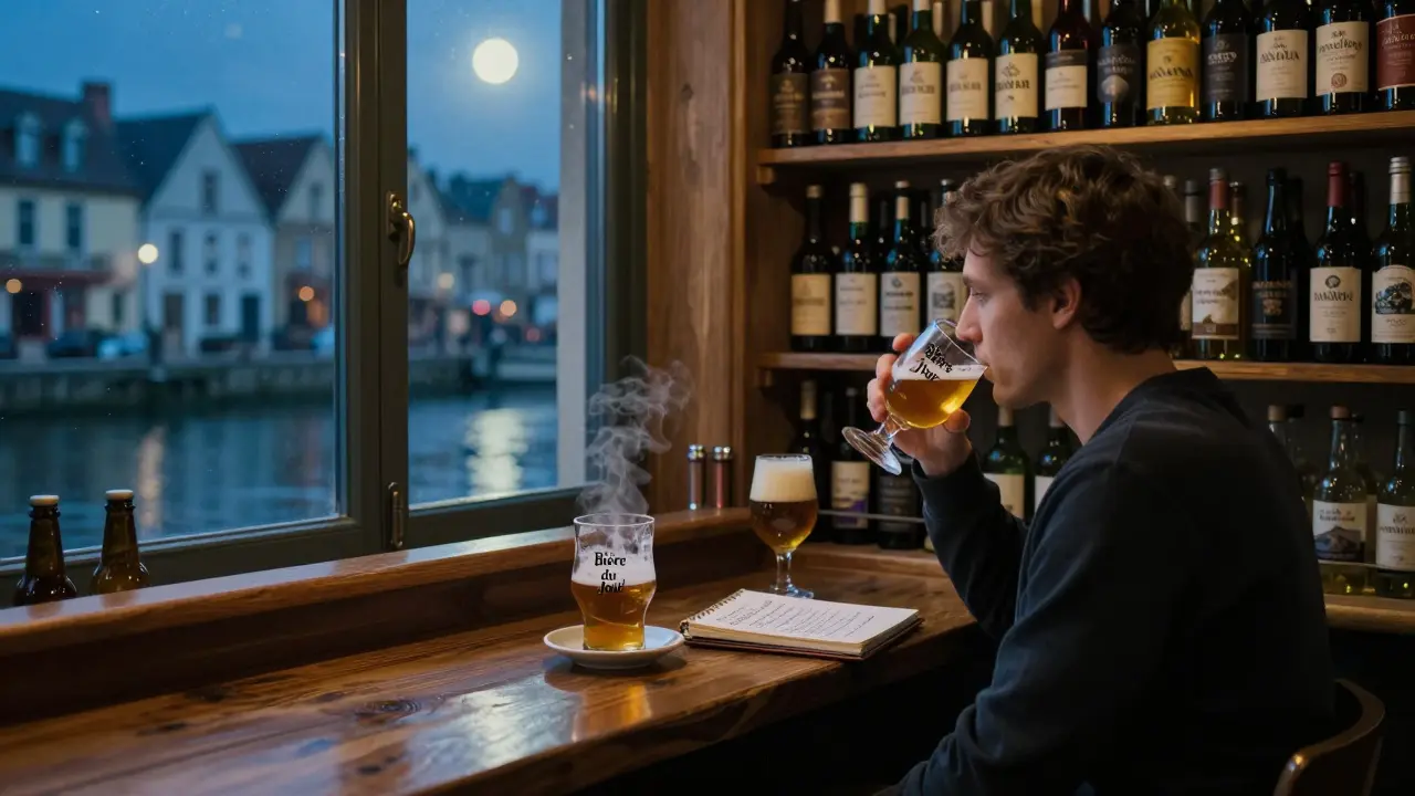 A quiet canal-side bar with a lone patron taking notes beside a shelf of over 150 craft beer bottles.