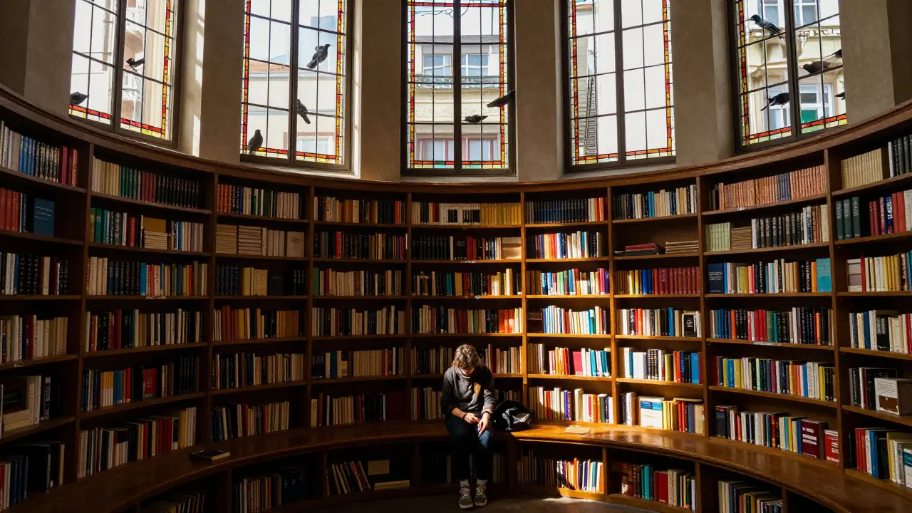 A quiet library inside an old water tower, with sunlight streaming through stained glass onto wooden bookshelves.