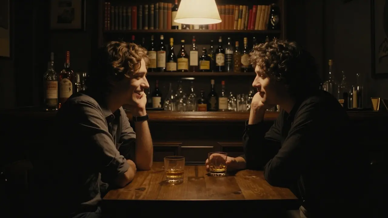 A quiet moment in a hidden Soho bar with whiskey and warm lighting.