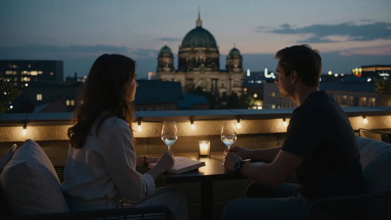 A quiet rooftop scene in Berlin with two people enjoying the city lights in peaceful silence.