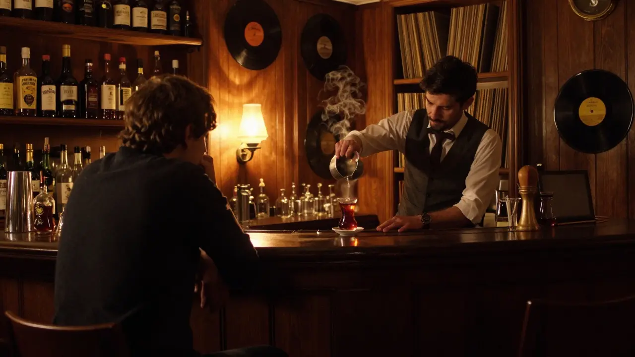 A quiet, wood-paneled bar in Cihangir where a bartender pours a unique tea-based cocktail under soft amber lighting.