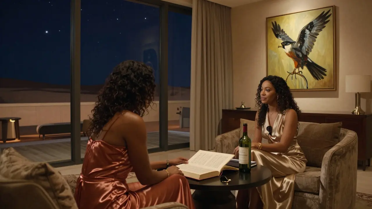 A refined companion engages in thoughtful conversation with a client in a private lounge, surrounded by art and fine wine.