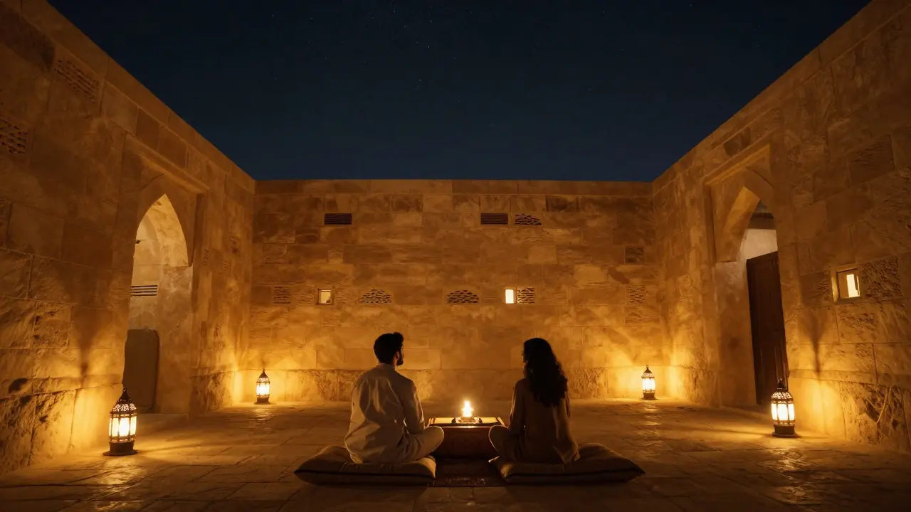 A romantic couple sitting under lanterns at Qasr Al Hosn at night, surrounded by glowing stone walls and stars.