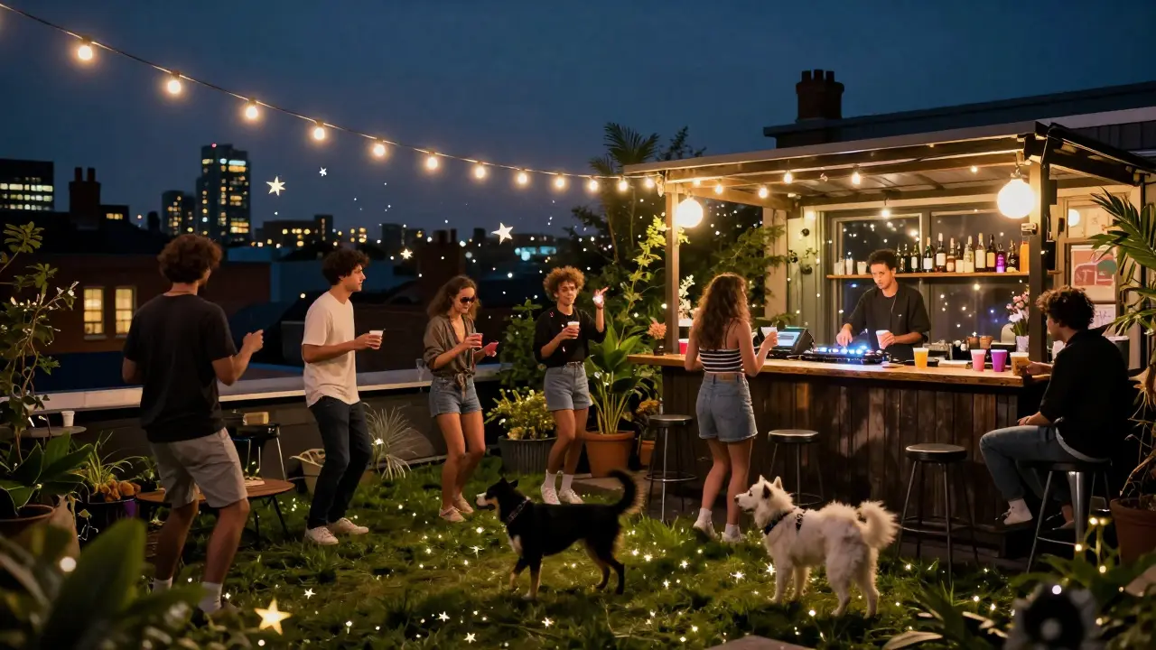 A secret rooftop party in Peckham with people dancing alongside their dogs under fairy lights and city lights.