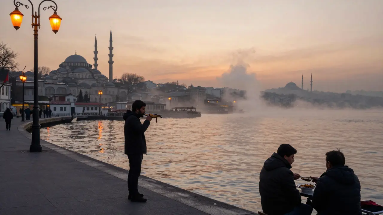 A solitary figure eats grilled trout at dawn along the Bosphorus shore as the city wakes in golden light.
