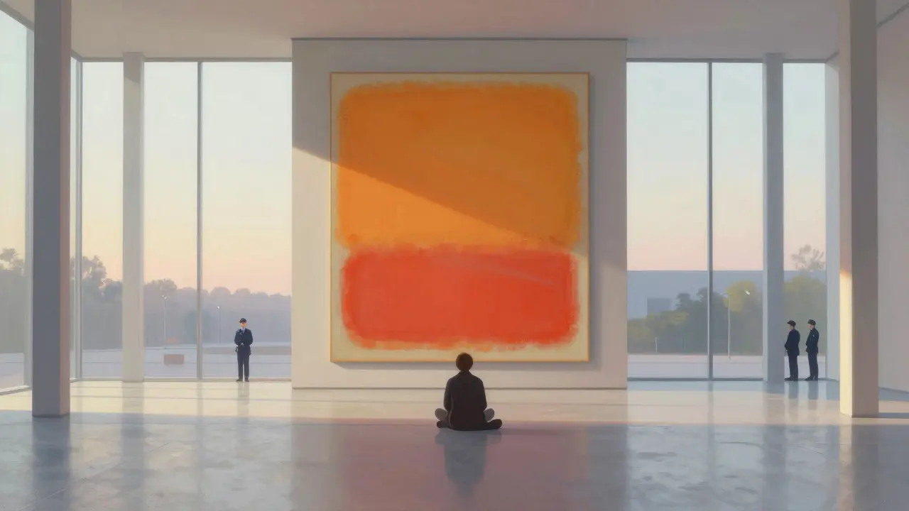 A solitary figure sits in quiet contemplation before a Rothko painting inside the empty Neue Nationalgalerie, bathed in soft morning light.