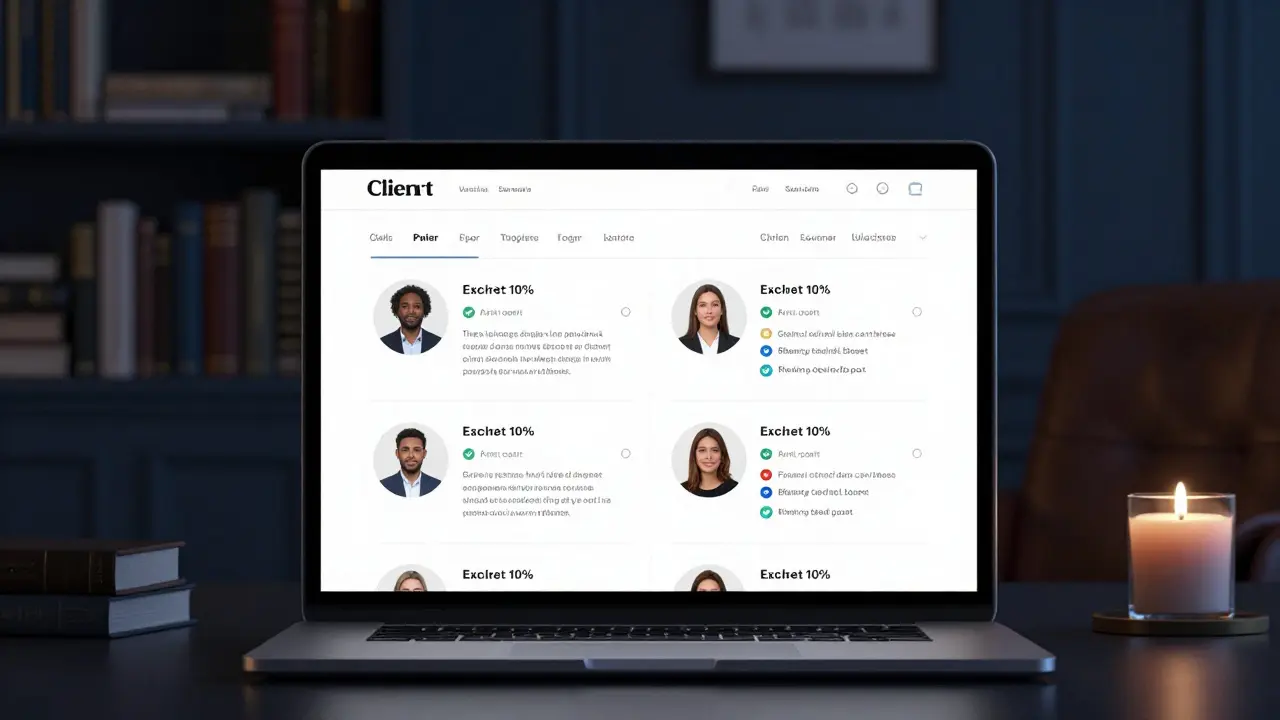 A verified companion profile on a secure digital platform, showing professional photos and verification badges in a dimly lit study.