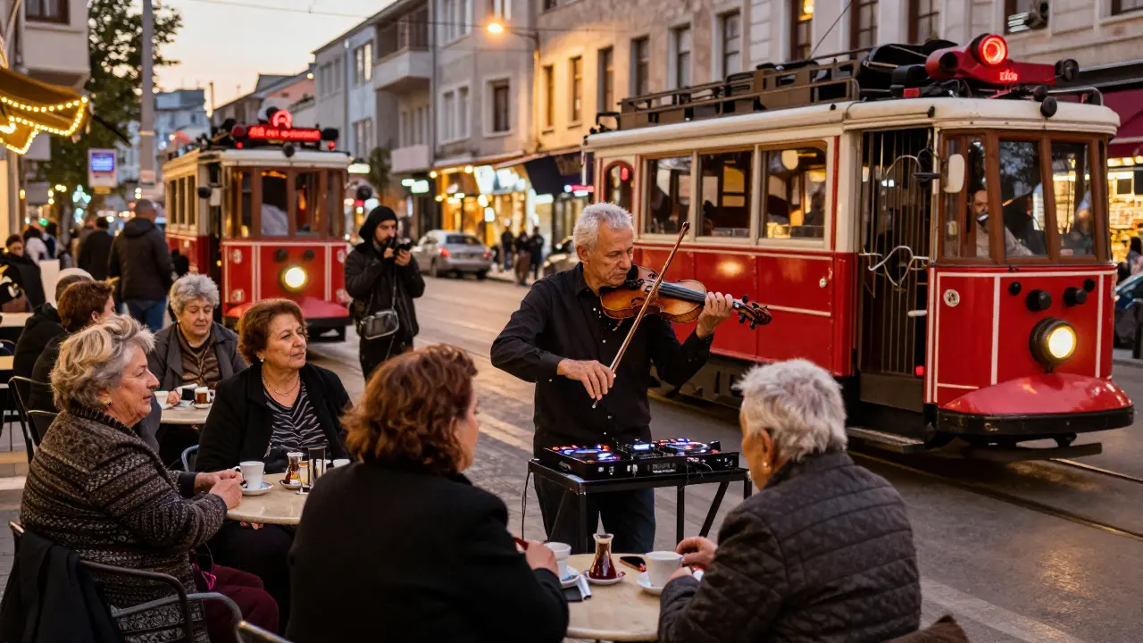A violinist plays beside a DJ on Istanbul's İstiklal Street, grandmothers watch the night unfold over tea at a sidewalk table.