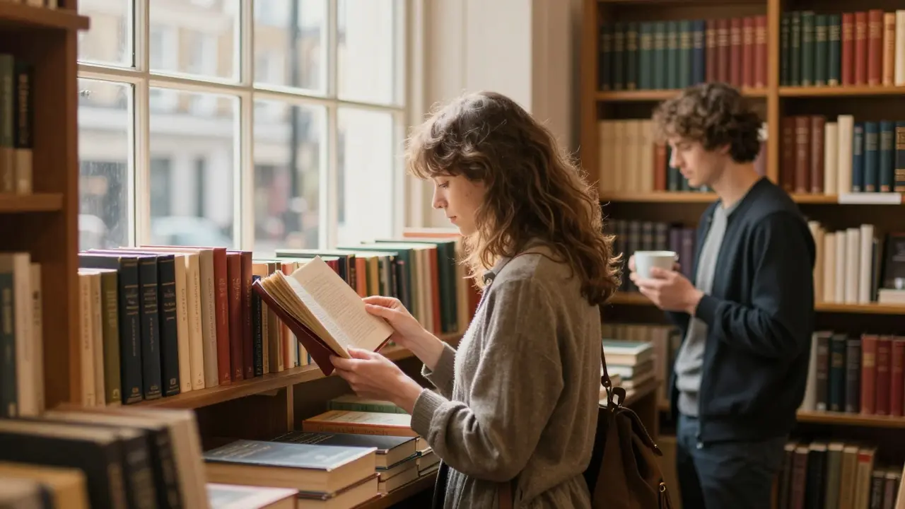 A woman exploring rare books in a cozy London bookshop with a companion nearby.