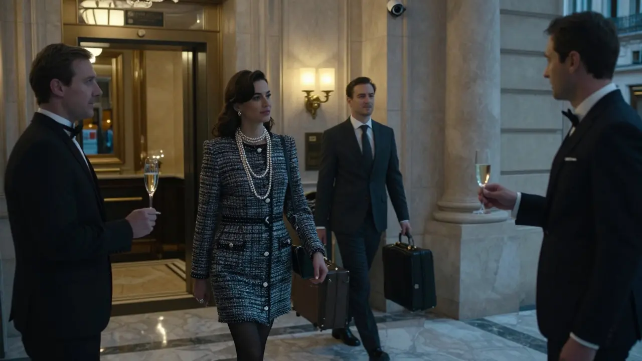 A woman in a Chanel coat entering a luxury Paris hotel, where a concierge silently offers champagne without question.