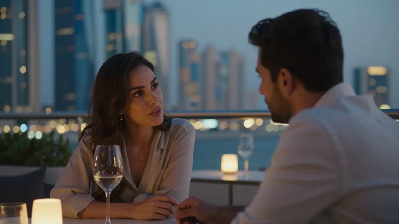 A woman listens intently in a rooftop lounge at twilight, soft city lights behind her, no phones, only emotional presence in the moment.