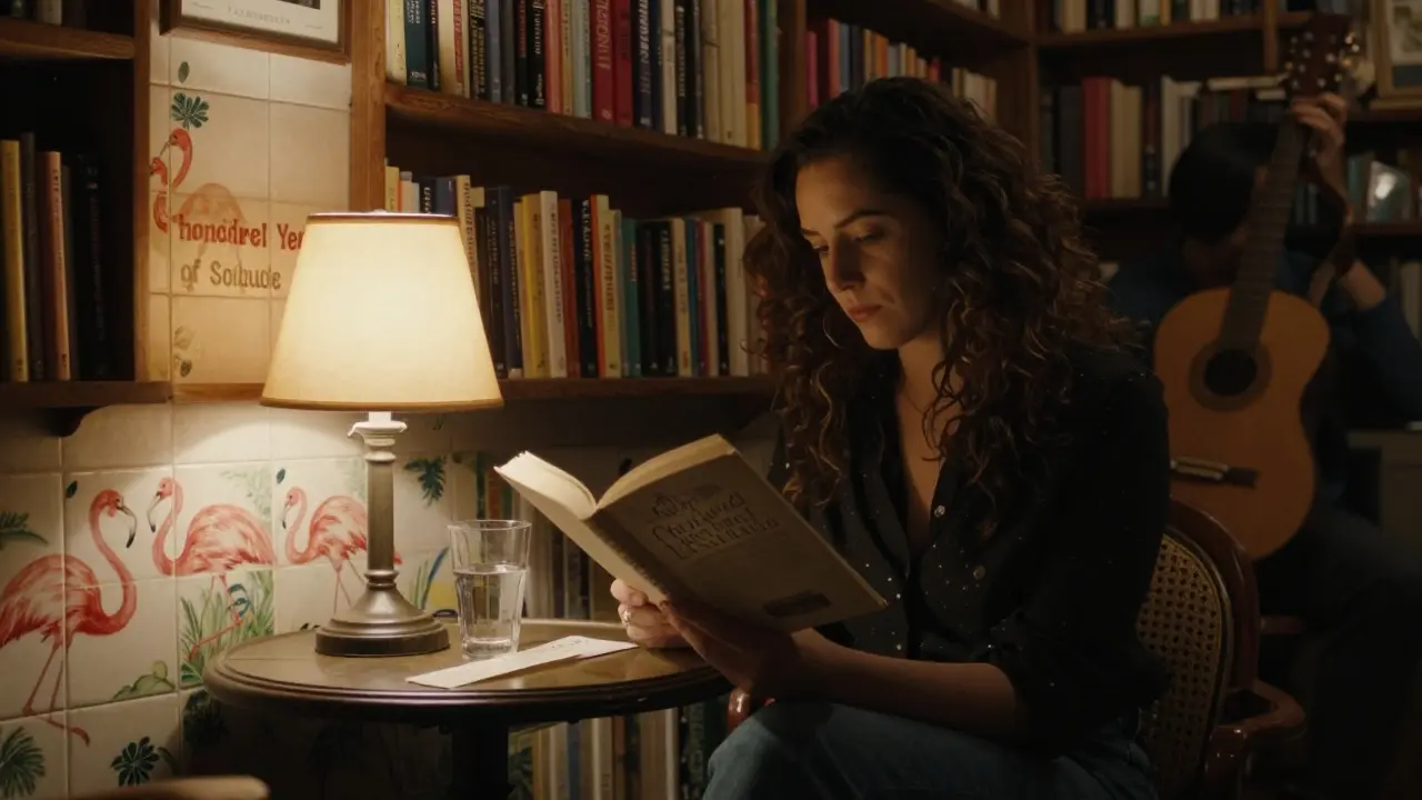 A woman reading One Hundred Years of Solitude in a dim Spanish-inspired bookshop, sipping vermouth under soft lamplight.